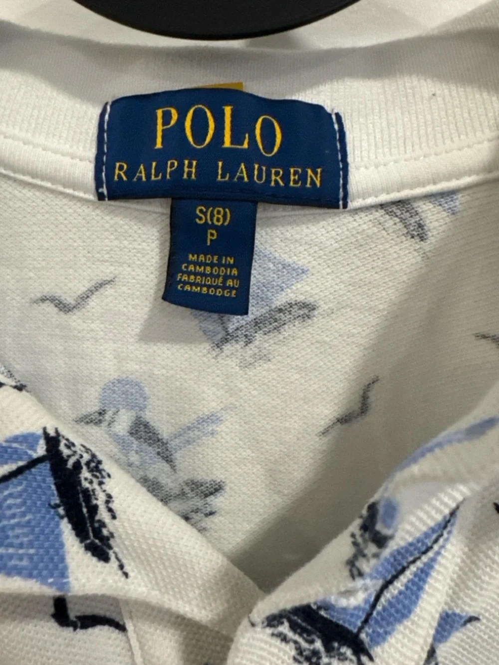 Polo Ralph Lauren Boys Sz 8 White Blue Sailboat Print Polo Shirt Nautical Preppy